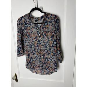 About A Girl Vintage-Inspired Sheer Floral Blouse Navy Blue Multicolor Top Small